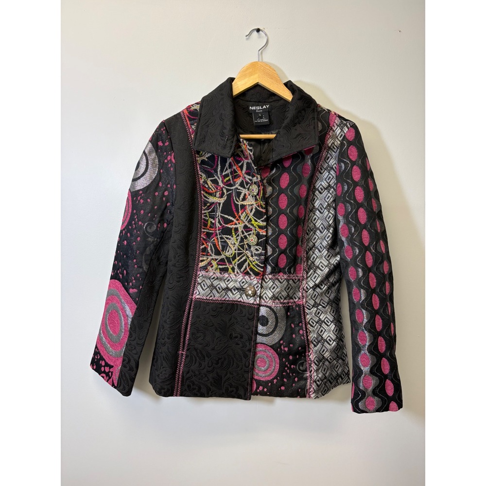 Neslay Paris Artsy Mixed Media Patchwork Art to Wear Whimsigoth Blazer Jacket L